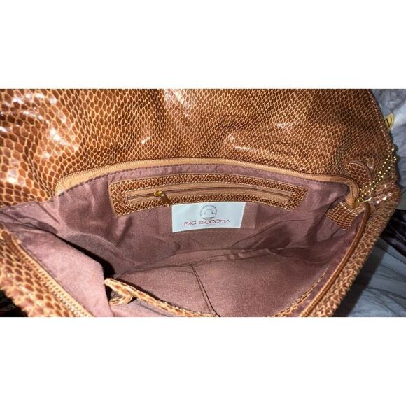 Big Buddha Faux Snakeskin Brown Clutch Oversized Gold Ornament/buckle, Purse - Picture 7 of 14